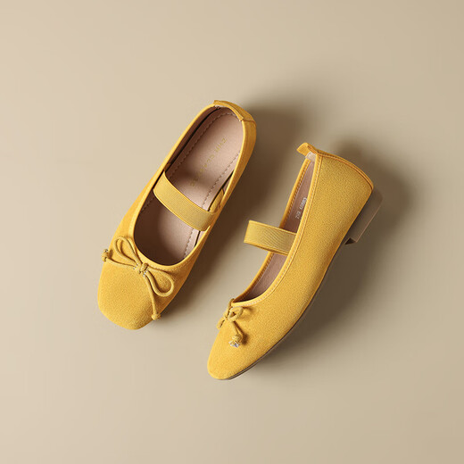 ZHR Single Shoes Frauen Sommertemperament Bow weiche flache Mary Jane Lederschuhe Frauen flacher Mund Ballet Frauenschuhe AH683 gelb 39