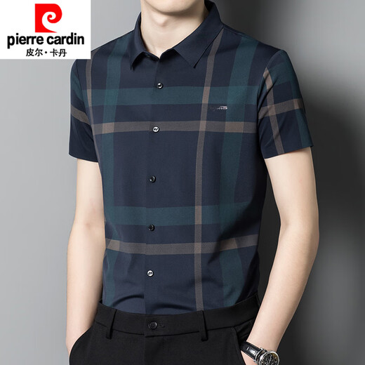 Pierre Cardin 2025 Camisa de manga corta para hombres de mediana edad Lapa a cuadros de seda de seda de seda de hilo de rayas delgadas de moda