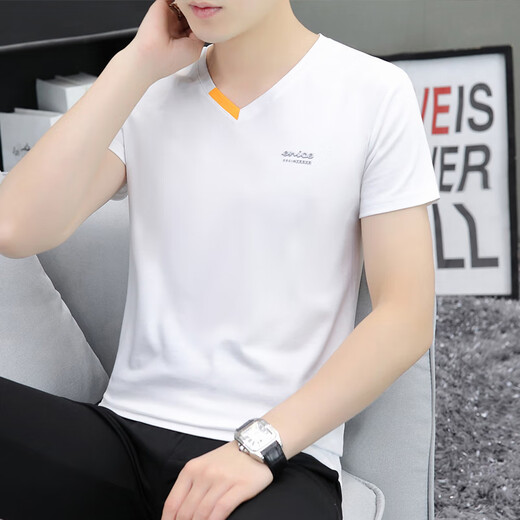 
SEPTWOLVES (SEPTWOLVES) Men's 2025 New V-neck Young Men's Short Sleeve T-shirt Pure Cotton Slim Thin Summer Casual Top T-shirt QY691 Black M