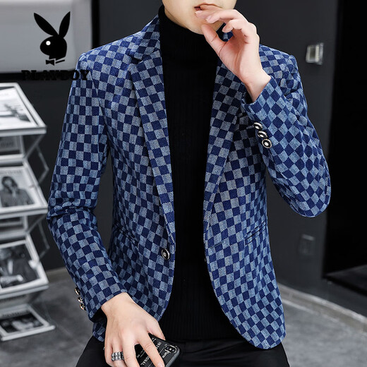 Playboy (PLAYBOY) Plaid Blazer Men's 2025 Spring and Autumn New Fashion Slim Small Suit Trendy Brand Handsome Single Jacket Black L (110-125Jin Jin equals 0.5kg)