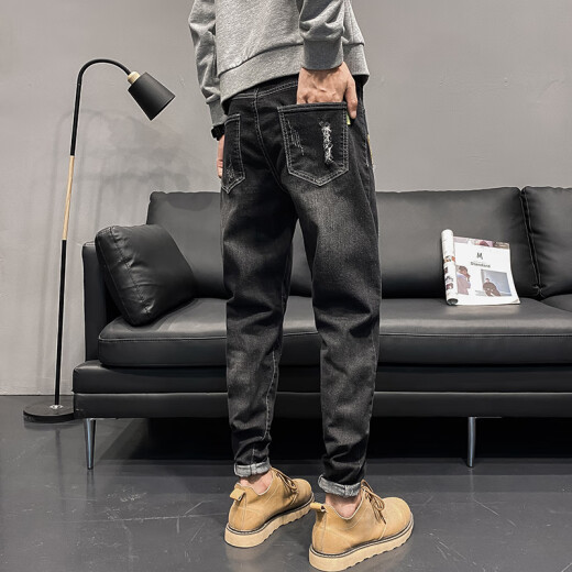 LA HaiLan Home (HLA) same men's ripped jeans summer trendy brand slim feet 2025 new summer 6636 black + 6635 black 34