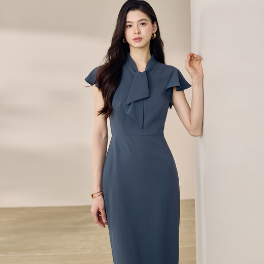 ROEYSHOUSE罗衣时尚藏蓝色修身连衣裙女2025夏季新款知性设计感包臀裙12376 藏蓝色 L
