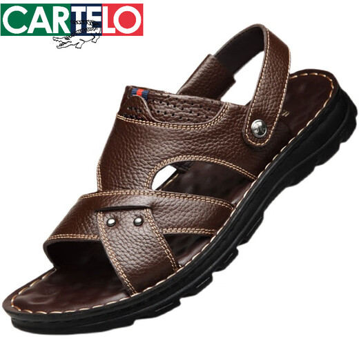 卡帝乐鳄鱼（CARTELO）真牛皮头层牛皮凉鞋男真皮夏季男士凉拖男休闲两穿驾车沙滩鞋 9928棕色[头层牛皮]旗舰官方补贴旗舰官方补贴 38 精品实用补贴