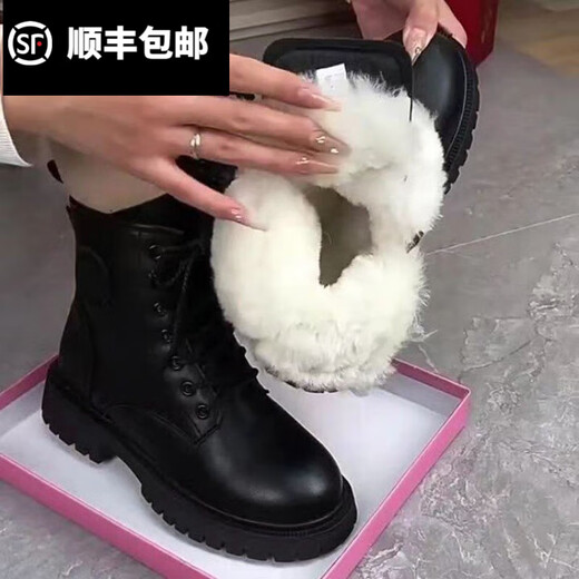 百丽踏软皮羊毛雪地靴女马丁靴加绒加厚保暖棉鞋子防水防滑显瘦韩版短靴 黑色【加绒】 37