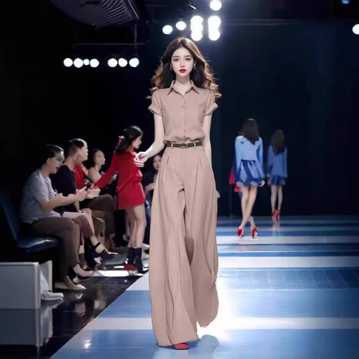 欧迪惠（Oudihui）时尚气质套装女2025夏季休闲裤女装新款短袖衬衫高腰阔腿裤两件套 灰色套装 L