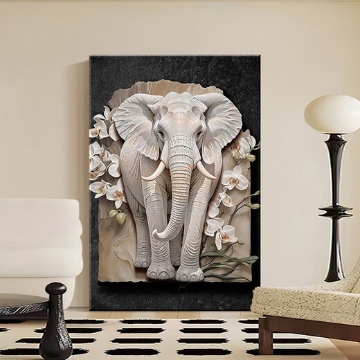 CLCEY French cream style entrance door front door decoration painting elephant relief mural living room sofa background wall hanging painting Xianglu Shuangrui B model 80*12035mm aluminum alloy frame + tempered transparent crystal