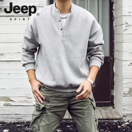 JEEP SPIRIT large size 300Jin Jin is equal to 0.5 kg large size men's Henry collar sweatshirt men's spring and autumn new American fashion brand loose top bottoming shirt gray M