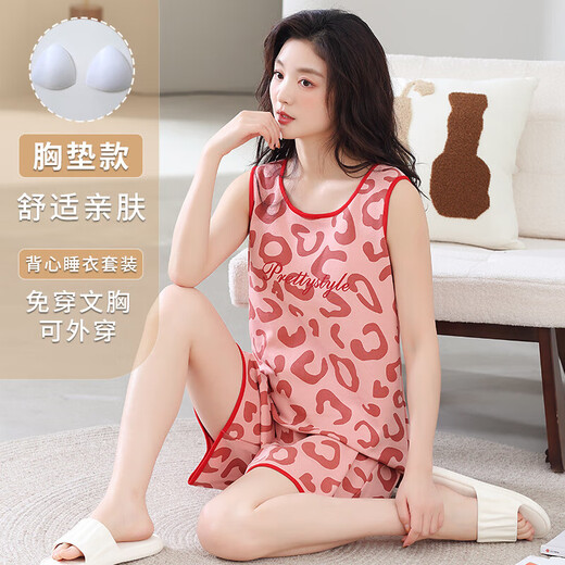 睡衣女夏季无袖吊带背心可外穿短裤可爱卡通加大码家居服两件套 9859背心短裤带胸垫 XL 120-140/斤