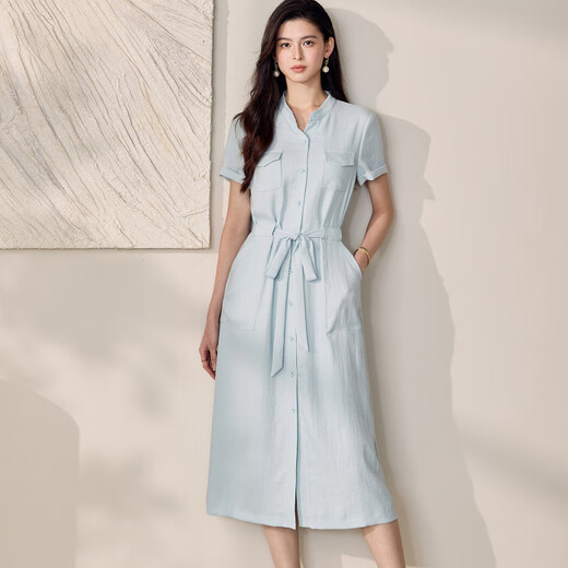 ROEYSHOUSE罗衣时尚浅蓝色衬衫连衣裙女2025夏季新款休闲亚麻大摆裙子12243 浅蓝色 S
