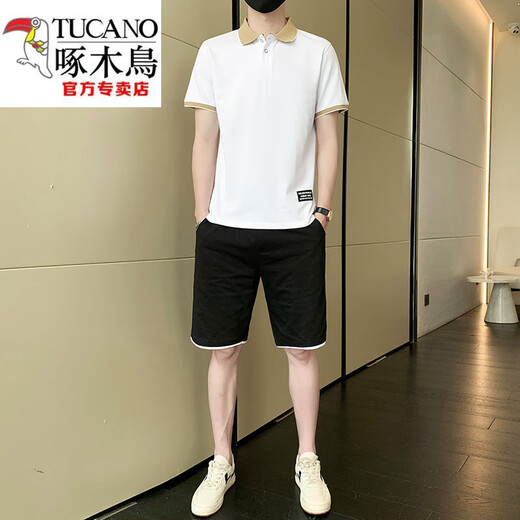 啄木鸟（TUCANO）休闲套装男士夏季短袖t恤polo衫短裤冰丝潮牌棉质帅气百搭上衣服 白色9863（一套） L