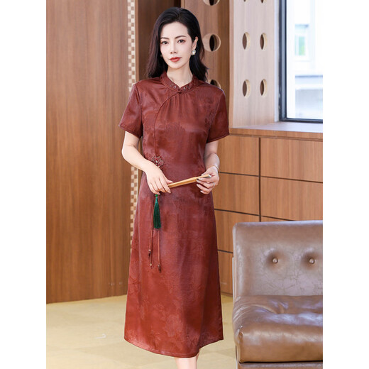 Homesee overseas light luxury high-end dress silk fragrance cloud sao girl temperament waist-hugging and looking slim retro noble lady mulberry silk red L