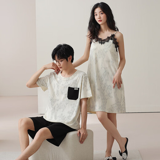 
GPHF Japanese new couple pajamas for women in summer cotton thin nightgown sexy suspender men short-sleeved home clothing set QH9902 M women + men XL