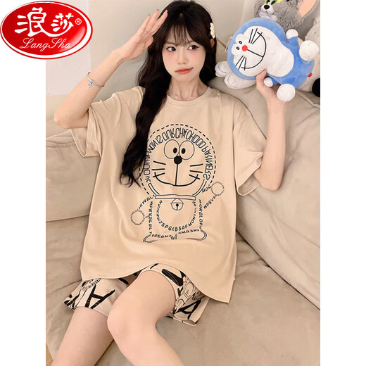 浪莎网红纯棉睡衣女夏季短袖短裤薄款卡通大码可爱家居服学生套装 WB短袖1343 L 小码(100-110斤)