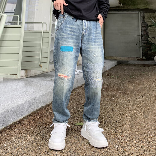 魅耀春秋季美式休闲痞帅涂鸦印花复古牛仔裤男直筒宽松阔腿拖地老爹裤 深卡其布色 9227宽松直筒 28 95-110斤