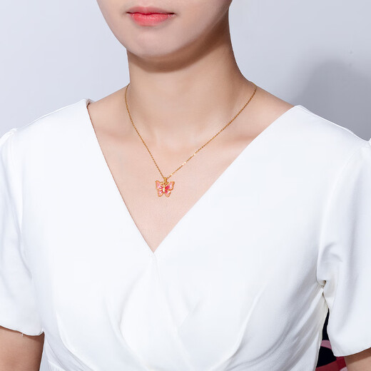 Mingzuan International 18K gold pendant for women au750 painted pink butterfly neck pendant temperament clavicle chain birthday gift for girlfriend