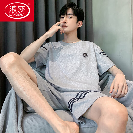 浪莎（LangSha）2025新款夏天条纹睡衣男士夏季青少年短袖男生纯棉家居服男款大码 HDE-9928 L