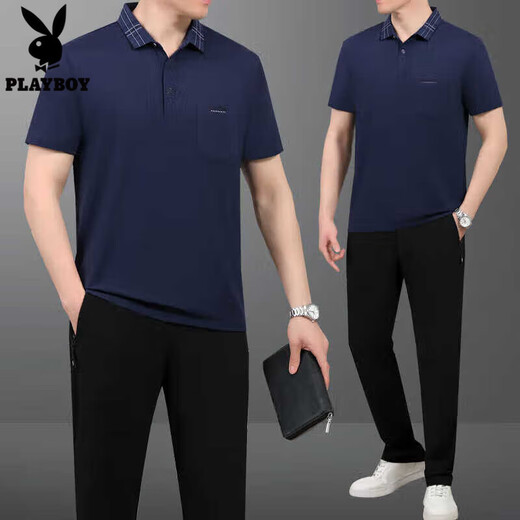 花花公子（PLAYBOY OUTDOOR）爸爸夏装冰丝短袖T恤运动套装男士夏季中老年父亲节休闲跑步套装 687-湖绿【短袖+短裤】 XL【120-140斤左右】