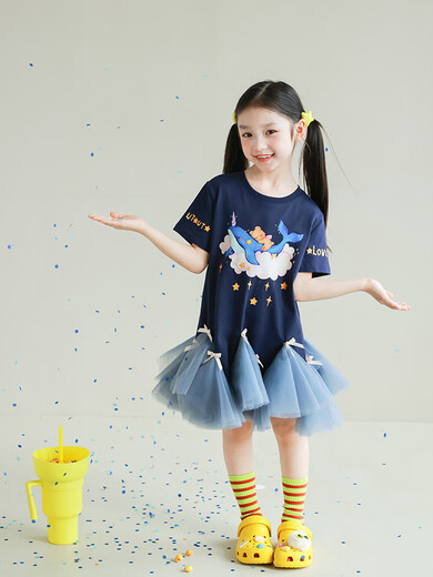 UTOUTOutouto Big Ear Elephant Girls Printed T-shirt Spliced Mesh Skirt 2025 Summer New Children's T-Skirt Deep Tibetan Blue Pre-sale Second Batch Around Mid-early May cm6 150