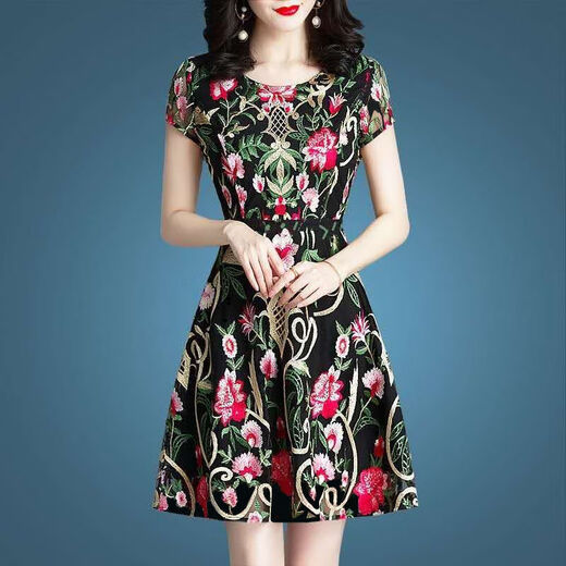 Woodpecker ice silk dress 2025 new high-end women's clothing temperament age-reducing short-sleeved middle-aged mother summer skirt women's summer ice silk 9905 skirt M 100Jin Jin is equal to 0.5 kg within