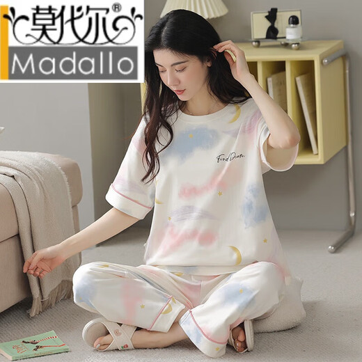 莫代尔睡衣女夏季棉薄款短袖长裤夏天甜美少女套装春秋可外穿家居服 YZ9712 M 女(80-100斤)
