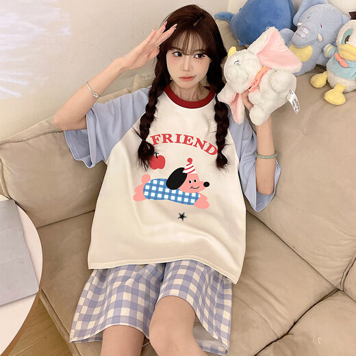 鹤屿睡衣女2025夏季短袖薄款宽松胖mm加大码可外穿家居服两件套 693黑笑脸 M 【建议80-90斤】