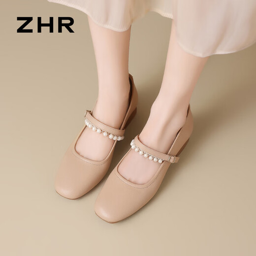 ZHR玛丽珍鞋女夏季粗跟真牛皮珍珠女鞋气质百搭单鞋女 AH692 杏色 37