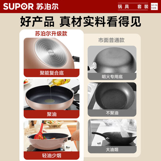 SUPOR pot set, non-stick wok, kitchen complete set, frying pan, soup pot, frying pan, gas induction cooker universal, three-piece set, wok + frying pan + soup pot