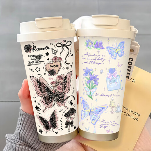Lock Lock (Lock/Lock) Simple Butterfly Thermos Copa de acero inoxidable Portable Doble Coffee Coffee Copa 2025 nueva taza de agua de paja para mujeres BW1048 Azul mariposa + con cordón