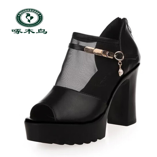 Woodpecker 2024 spring and summer fashion mesh shoes for women waterproof platform thick sole high heel thick heel fish-mouth single shoes Roman mesh sandals black 35