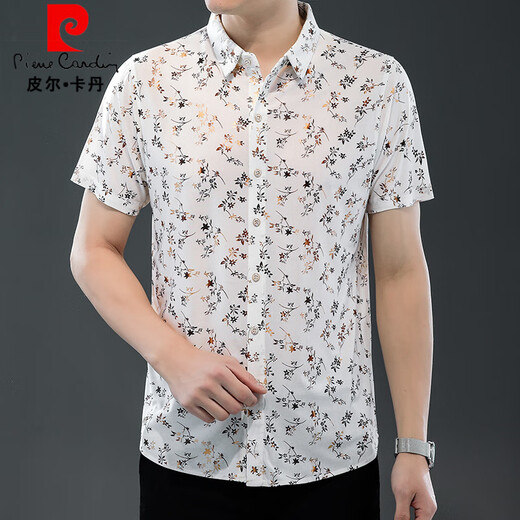 Pierre Cardin 25 Sommer neue Männer kurzärmelige Hemd Ice Seide dünne bedruckte Hemdmodet Trend Casual Dad Top 508 Weiß M 165