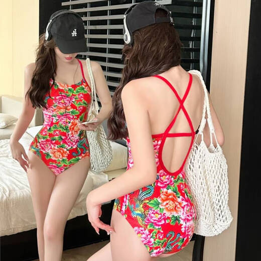 Nanbomaru Northeast large floral fabric swimsuit women's one-piece triangle slim underwear slim split sexy high-waist bikini B style one-piece swimsuit underwear M