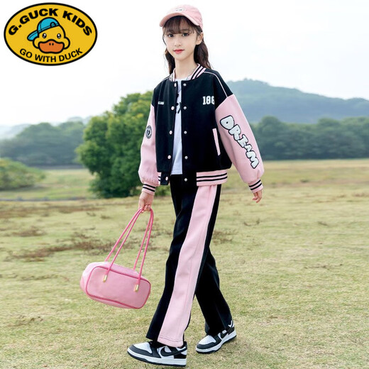 G.DUCKKIDS女童春装棒球服套装2024新款学院风中大儿童洋气春秋运动装两件套 BQ1396黑色两件套 160 尺码建议身高150左右