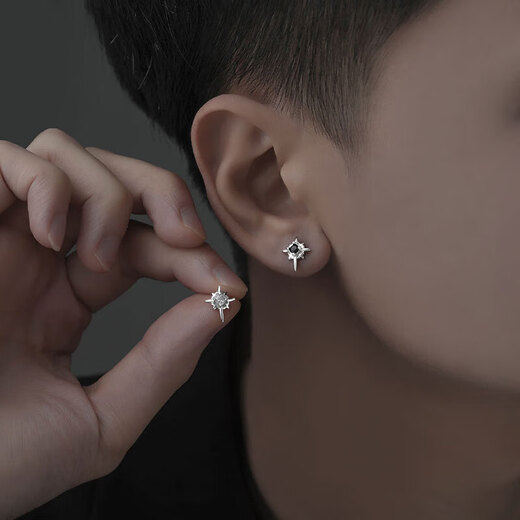 Korean style Polaris earrings for men, trendy, high-end, trendy men's popular models, handsome earrings for boys, black Polaris earrings (one pair)