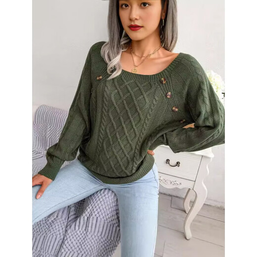 欧美风女装春秋慵懒风宽松休闲方领钉扣麻花针织衫上衣毛衣打底衫 咖啡色 M