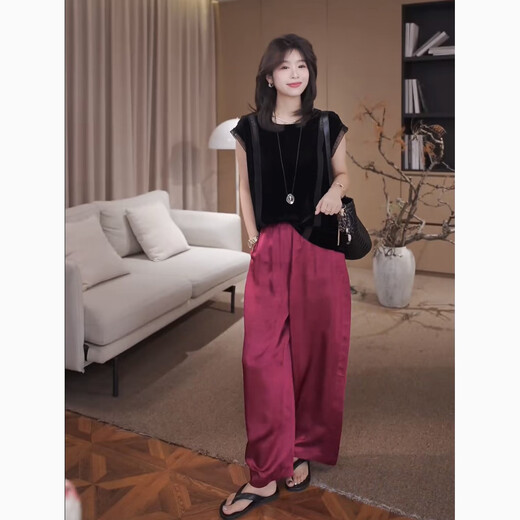 GZQJ【华尔兹】桑蚕丝t恤女2025新款真丝丝绒polo衫圆领吊带上衣4839 黑色 S 36 建议80-105斤