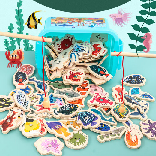 Childlike fishing toys for children, wooden baby magnetic small fish, infant puzzle 1-2 years old, two and a half years old, 3 boys and girls, exquisite flat bucket, 33 fishes + 2 fishing rods + pictures