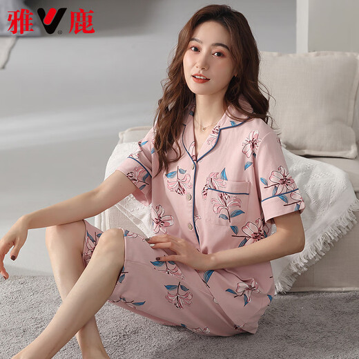雅鹿高档2025新款睡衣女夏季纯棉短袖七分裤夏天宽松大码开衫家居服 NX9898 XL