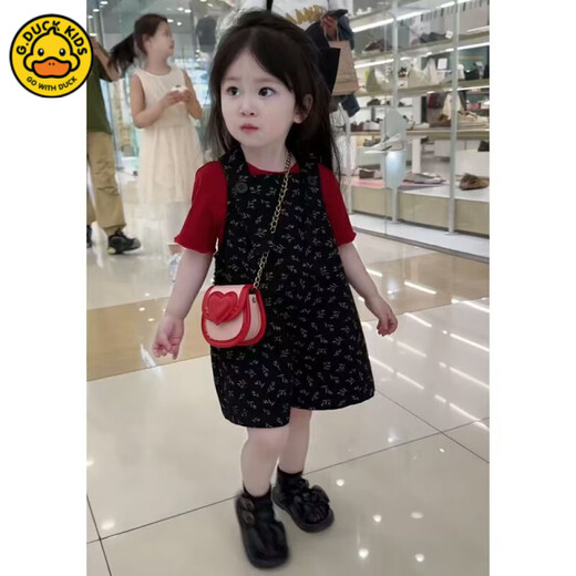 G.DUCK女童背带裤夏季套装2025新款洋气中小童夏天短袖儿童背带裤两件套 黑色碎花背带裤+红色T 110