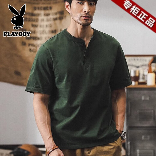 花花公子（PLAYBOY）美式320g重磅t恤男士短袖polo衫男2025新款宽松硬汉亨利衫体恤男 军绿色 3XL - 适合180-200斤