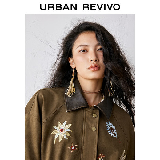 UR [Zhong Chuxi Co-Branded Model] 2025 Herbst Neue Frauen lässige Wildleder-Stickjacke uyl150118 Kaffee Brown s