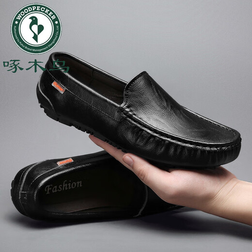 Woodpecker 2025 Automne Nouveaux chaussures de haricots noirs pour hommes Véritable cuir britannique Cuir Cuir Chaussures creux de chaussures paresseuses respirantes 9901 Black [Hollow] 38