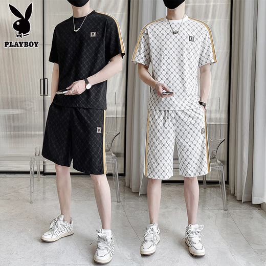 Playboy Casual Two-Tiefe Set Herren Sommereis Ice Seide Thin Sportswear Set Herren trendy T-Shirt Kurzarm Short/Hosen ein komplettes weißes Set [Kurzarm + Hosen] L (Empfohlen 115-135jin [Jin gleich 0,5 kg]))