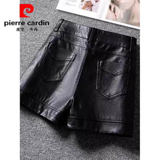 Pierre Cardin 2025 Spring and Autumn New Korean Style Leather Shorts Women's Straight Outer Wear High Waist Slim Casual Small Leather Pants Fashion Boot Pants 1826# Black (No Velvet) L