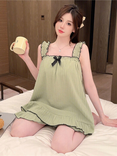帛雷斯诺胖妹妹睡衣200斤带胸垫吊带短裤女夏季纯棉大码性感短袖背心家居 Y-2629#绿色[云朵棉]胸垫可拆 3XL码[推荐160-180斤] 均码