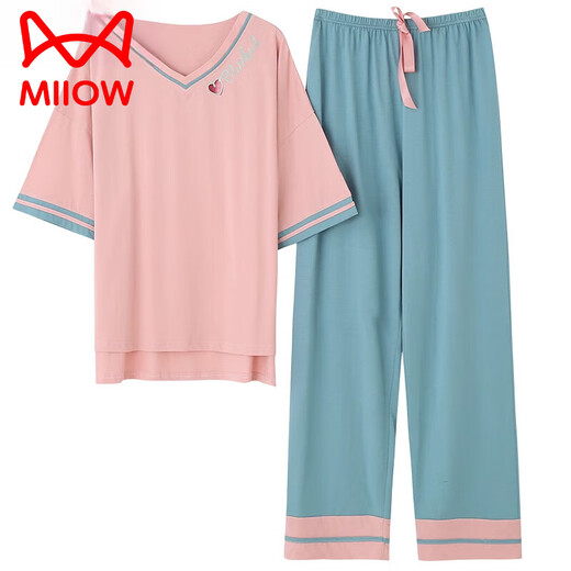 猫人（MiiOW）睡衣女款夏季2025新款纯棉薄款宽松家居服短袖长裤休闲可外穿套装 7374 M 【建议80-105斤】