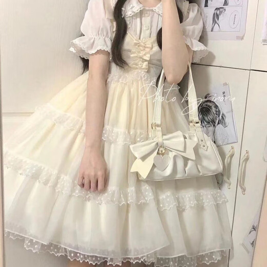 Falda de malla adecuada para chicas gordas en duomin camisa de cuello de muñeca de alumno de verano + lindo arco blanco malla colgando camisa de manga corta + falda blanca (9215) m