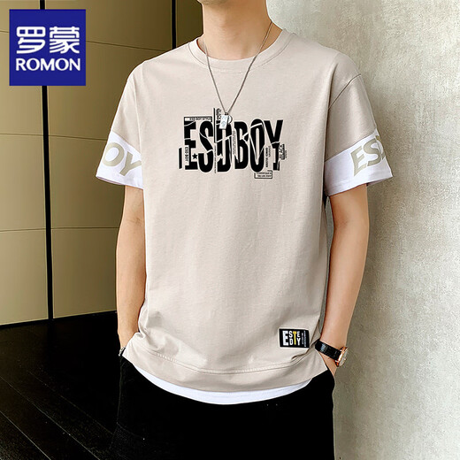 Romon Pure Cotton Kurzärärmelte T-Shirt Herren Sommermodemarke Dünne runde Nacken halbärmeligte T-Shirt für Jugendliche Trendy Fake Zwei-teilige Top 9196 Black M (ca. 85 ~ 105 Jin [Jin entspricht 0,5 kg] kann getragen werden)