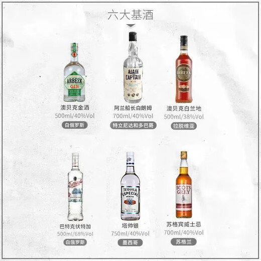 Aobeck tequila Diy Cóctel Juego de whisky Vodka Brandy Gin Ron Combinación de vinos de vino de seis Base Estilos avanzados