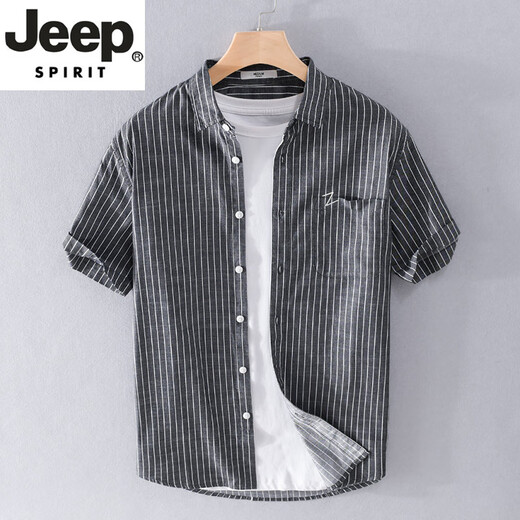 JEEP SPIRIT high-end men's pure cotton short-sleeved shirt Japanese casual summer thin striped shirt new trend splicing top 9740 black L