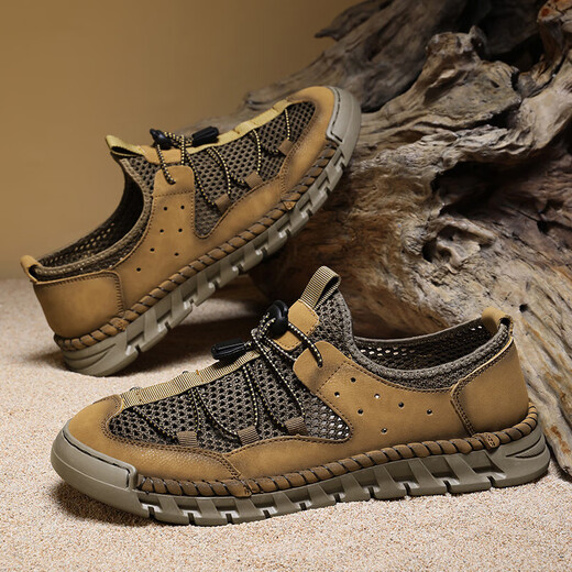 
Microfiber leather sandals men's French leather shoes for spring and summer new genuine leather hollow hole shoes soft sole casual beach shoes for men khaki [Microfiber leather A681] 46